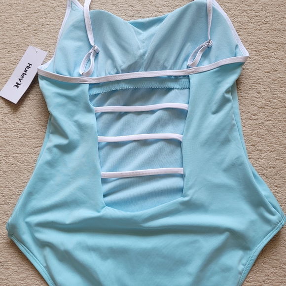 HURLEY Light Blue & White Hem Back Cutout Front Logo One Piece Swimsuit - Picture 8 of 8